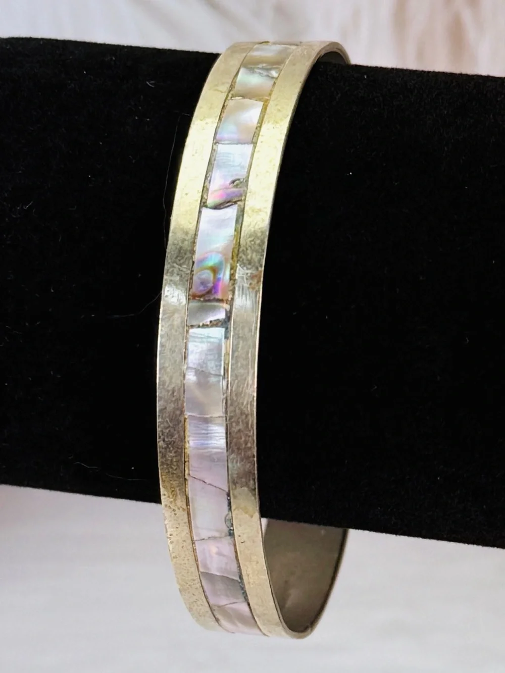 Vintage Boho Chic Oxidized Silvertone Abalone Mexico Stacking Bangle Bracelet